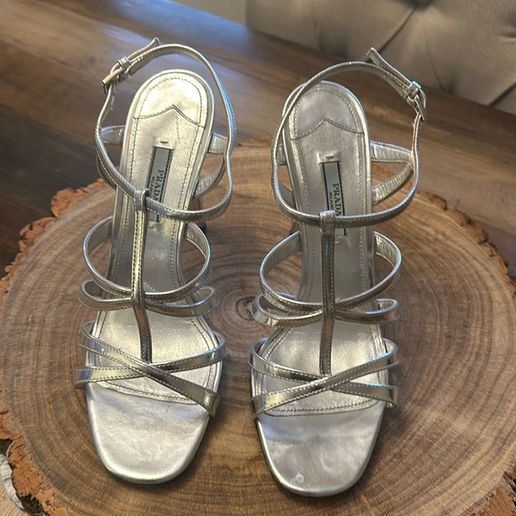 Strappy, shiny silver Prada heels. - Picture 1 of 5